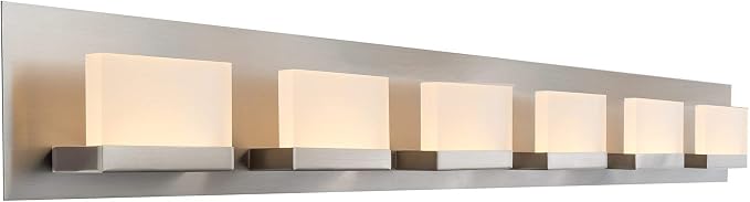 Kira Home Everett 48" Modern Integrated LED 6-Light Bathroom Vanity Light | 60W 3000K Warm White Light, Minimalist Bathroom Wall Sconce with Frosted Acrylic Blocks, Brushed Nickel Finish