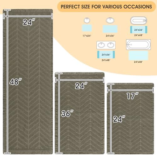 Upgrade Waffle Bath Mat Set 3 Piece, Greyish Green, Boho Bathroom Rugs Absorbent Non Slip, Ultra Soft Bathroom Mat, Machine Washable Knit Bath Rugs with Herringbones for Bathroom, Bedroom, Kitchen