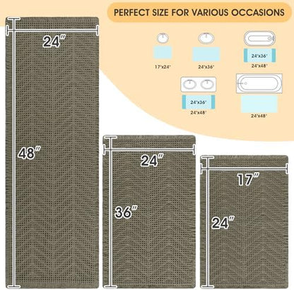 Upgrade Waffle Bath Mat Set 3 Piece, Greyish Green, Boho Bathroom Rugs Absorbent Non Slip, Ultra Soft Bathroom Mat, Machine Washable Knit Bath Rugs with Herringbones for Bathroom, Bedroom, Kitchen