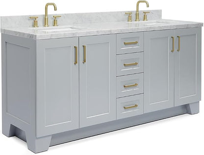 ARIEL Taylor 72-inch Bathroom Vanity with Sink,Solid Wood, 1.5-inch Italian Carrara Marble Countertop & Backsplash, Double Rectangular Porcelain Sink, 4 Soft Closing Doors, 6 Dovetail Drawers, Grey