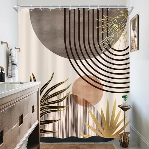 Mid Century Boho Abstract Gray Modern Brown Bathroom Shower Curtain Set
