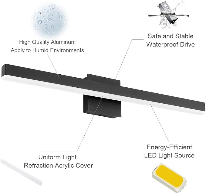 Aipsun 27.6 inch Modern Black Vanity Light LED Bathroom Vanity Light Fixtures Black Wall Light for Bathroom (Warm White)