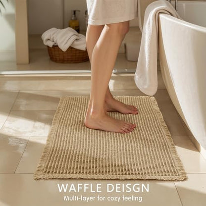 SUBRTEX Waffle Braided Bath Mat, 24" x 60" Soft Waffle Bath Rugs, Absorbent Non Slip Bathrooom Mats, Machine Washable Area Rug for Bathroom, Quick Dry, Khaki