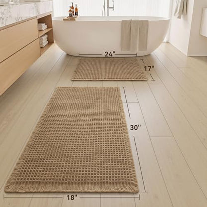 Upgraded Waffle Bath Mat Set of 2 Absorbent Bathroom Mat 17"x24" + 18"x30"