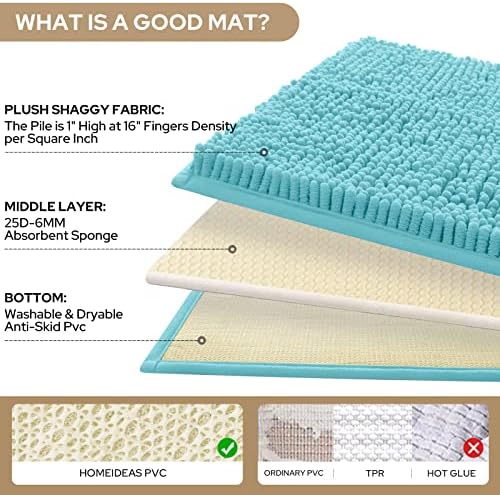 HOMEIDEAS Aqua Blue Chenille Bathroom Rugs Set of 3, Non Slip Bath Mat