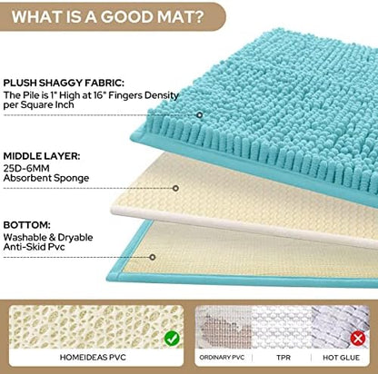 HOMEIDEAS Aqua Blue Chenille Bathroom Rugs Set of 3, Non Slip Bath Mat