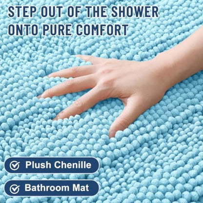 Grandaily Chenille Striped Bathroom Rugs 24x16, Extra Thick and Soft Absorbent Bath Mats, Rubber Backing, Plush Shaggy Shower Carpet, Machine Wash Dry, Bath Rug for Bathroom, Sky Blue