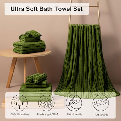 4 Piece Dark Green Cabana Stripe Large Bath Towels Oversized Bath Sheet Super Soft Breathable Jumbo Bathroom Towels Highly Absorbent Shower Towel Quick Dry Beach Chair Towel Spa Gym Hotel Towel Set