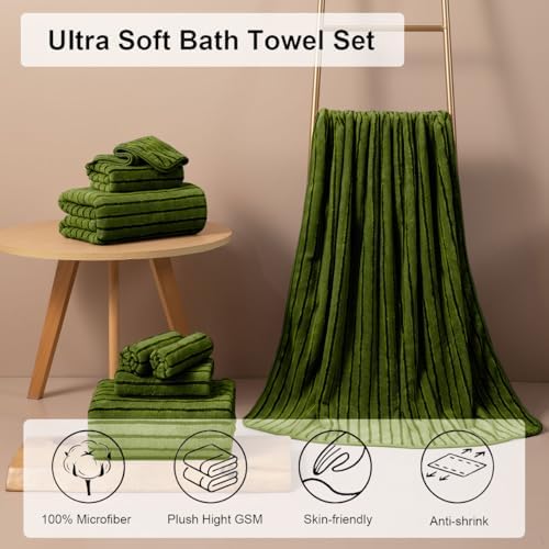 8 Pcs Dark Green Cabana Stripe Large Bath Towel Set Oversized Bath Sheet-2 Bath Towels,2 Hand Towels,4 Washcloths Soft Jumbo Towels Absorbent Shower Towel Beach Chair Towels Spa Gym Hotel Towel
