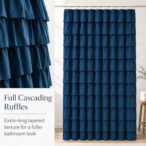 Navy Blue Ruffle Shower Curtain for Bathroom, 72x 84 inch, 1 Panel