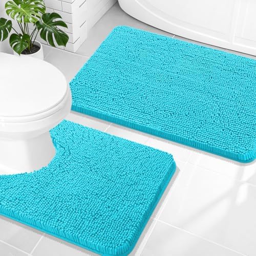 OLANLY Chenille Bathroom Rugs Mats Sets 2 Piece, 30"x20"+24"x20", Aqua Sky