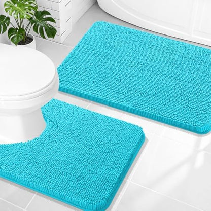 OLANLY Chenille Bathroom Rugs Mats Sets 2 Piece, 30"x20"+24"x20", Aqua Sky