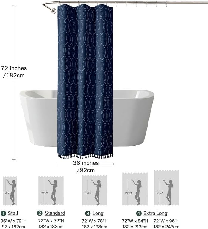 OVZME Navy Blue Stall Shower Curtain for Bathroom, Puff Printed Textured Shower Curtain with Tassels, Geometry Heavy Duty Vintage Country Narrow Bathroom Curtain, Water Resistant Fabric, 36Wx72L