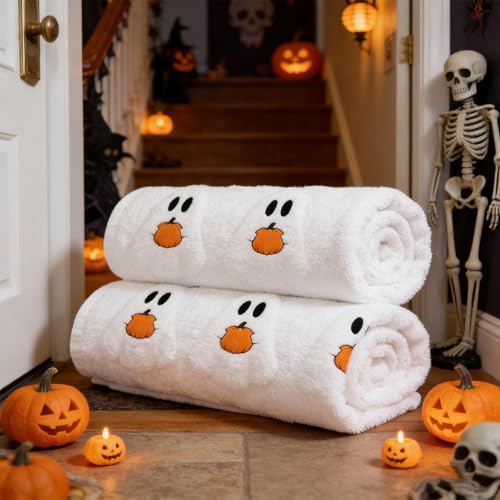 2 Pack Halloween Hand Towels 100% Cotton Jacquard Ghost and Pumpkin Halloween Kitchen Towels White Bathroom Towels Set Seasonal Bathroom Decor(Ghost and Pumpkin)