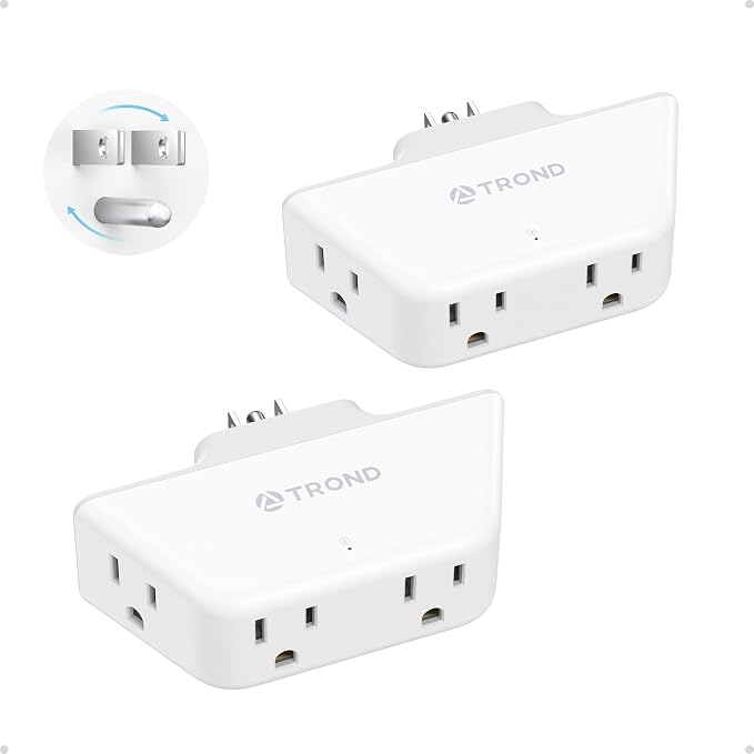 TROND 360 Rotating Plug Outlet Extender 2 Pack, Surge Protector Outlet with 4 Grounded Sockets, 3 Way Angled Plug Expander, 900J, Multiple Wall Adapter for Bathroom Kitchen Bedroom, White