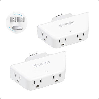 TROND 360 Rotating Plug Outlet Extender 2 Pack, Surge Protector Outlet with 4 Grounded Sockets, 3 Way Angled Plug Expander, 900J, Multiple Wall Adapter for Bathroom Kitchen Bedroom, White