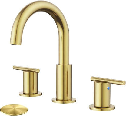 Bathroom Faucets for 3 Hole Sinks, Hurran 8 Inch Brushed Gold Double Handle Bathroom Sink Faucet with 360° Rotating Spout & Pop-Up Drain, Widespread Faucet Suitable for Vanity, RV & Outdoor Sinks
