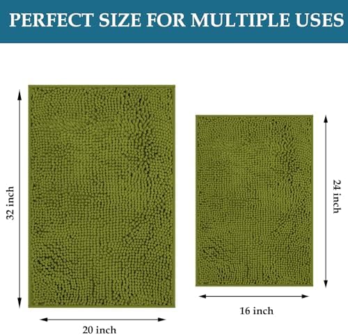 Bathroom Rugs Sets 2 Piece, Soft Absorbent Chenille Bath Mats Set, Dry Fast, Machine Washable Bathroom Carpet Set for Bathtub, 16x24+20x32 Inches, Sage Green
