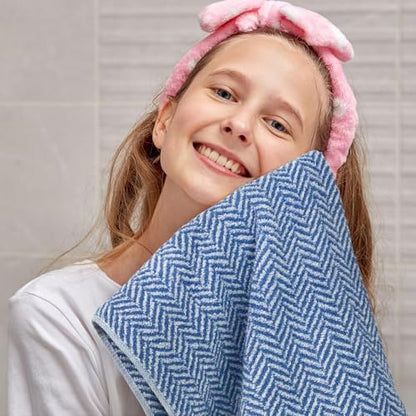 Cleanbear Blue Cotton Hand Towels with Herringbone Pattern, 13 x 28 Inches
