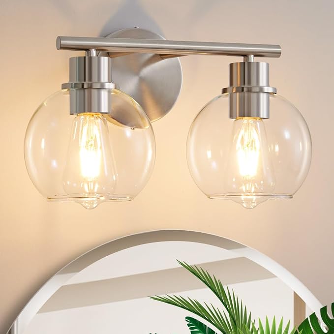 Bathroom Light Fixtures Over Mirror 2-Lights Bathroom Vanity Light with Clear Glass Shade 13.4 inch Modern Brushed Nickel Vanity Light Wall Sconce Vanity Light Bathroom Light for Bath, L1746