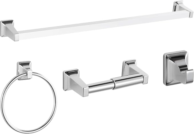 4 Pieces Bathroom Hardware Accessories Set, Stainless Steel 24 inch Towel Bar, Towel Rack, Robe Hook, Toilet Paper Holder for Bathroom Wall Mounted (Chrome)