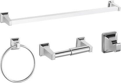 4 Pieces Bathroom Hardware Accessories Set, Stainless Steel 24 inch Towel Bar, Towel Rack, Robe Hook, Toilet Paper Holder for Bathroom Wall Mounted (Chrome)