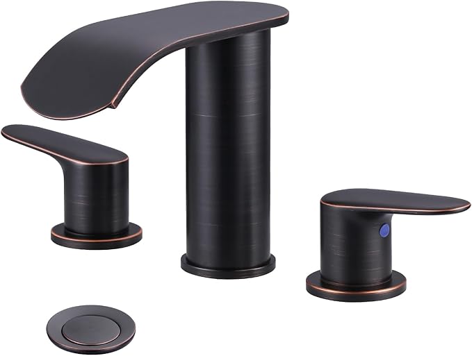 WOWOW Waterfall Bathroom Faucet 3 Holes 8Inch Widespread Bathroom Sink Faucet, Two Handles Lavatory Vanity Sink Faucets with Pop-up Drain & Supply Hoses, Modern Faucet Mixer Taps Oiled Rubbed Bronze