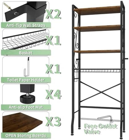 Over-The-Toilet Storage Rack 4-Tier,Bathroom Organizer Shelf Over Toilet,Adjustable Wooden Shelves and Basket,Freestanding Above Toilet Shelf,Space Saver for Rooms(Black Rack-Rustic Brown Shelves)