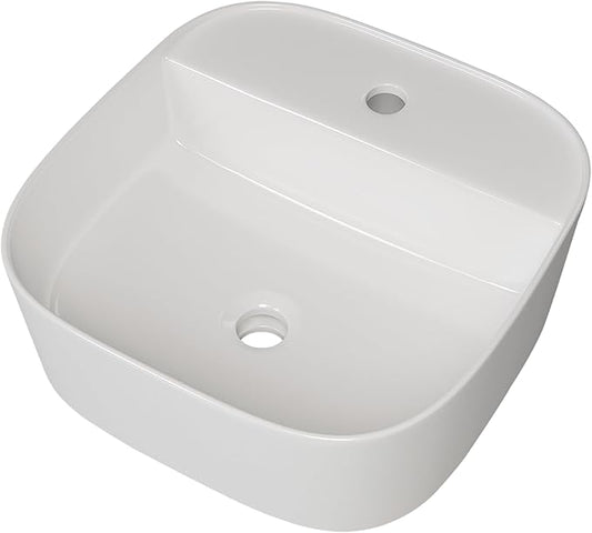 Gerber Cymira 16 in. Soft Square Vessel Bathroom Sink, Above-Counter Glazed White Fireclay Ceramic Vanity Sink with Faucet Hole, Modern Transitional Basin Sink Bowl, G0013783