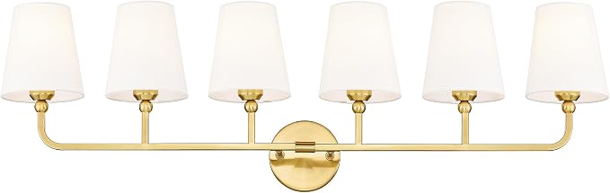 6-Light Brushed Gold Bathroom Vanity Light, White Fabric Shades | Ideal for 48-64" mirrors, 42" bathroom light fixtures over mirror, upward only, E26 base, bulbs not included, VL837-BG-6