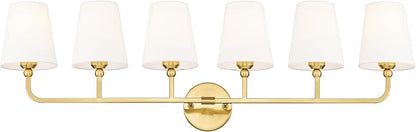 6-Light Brushed Gold Bathroom Vanity Light, White Fabric Shades | Ideal for 48-64" mirrors, 42" bathroom light fixtures over mirror, upward only, E26 base, bulbs not included, VL837-BG-6
