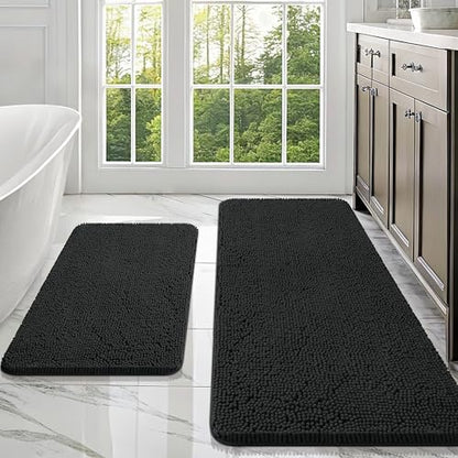 OLANLY Chenille Bathroom Rugs Mats Sets 2 Piece, 47"x20"+30"x20", Black