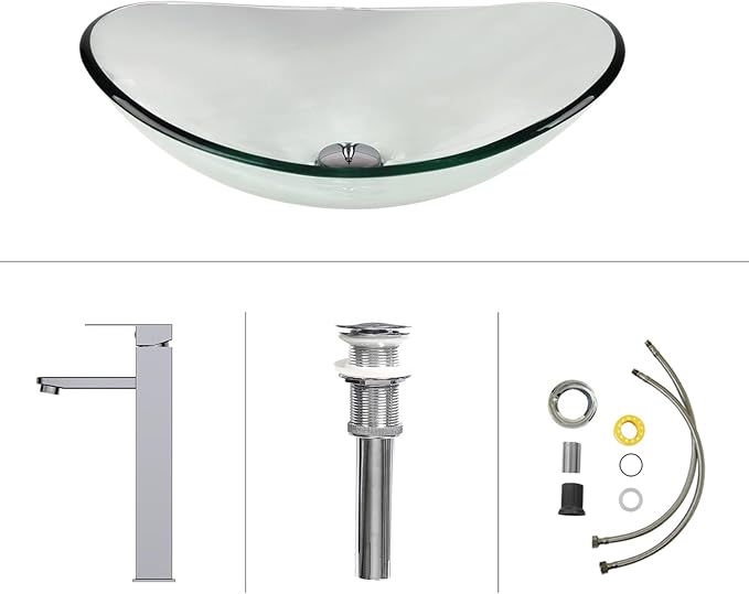 Bathroom Boat Shape Artistic Glass Vessel Sink Free Chrome Faucet and Pop-up Drain Set, Clear