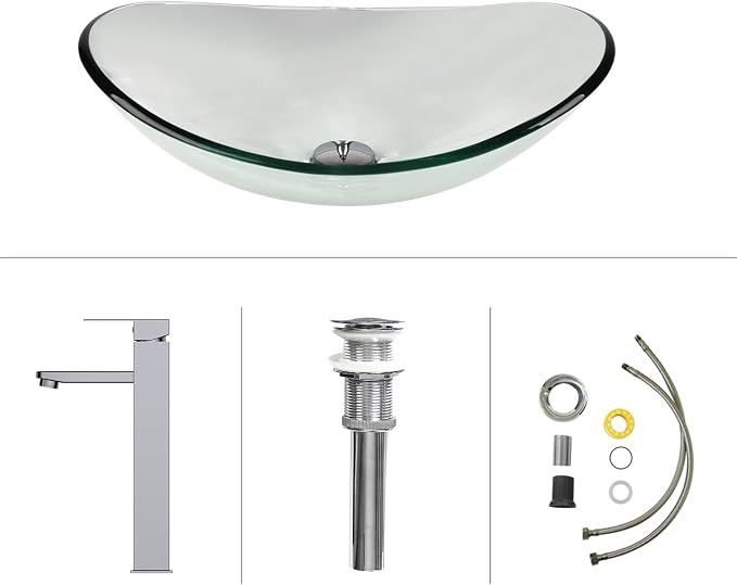 48 Inch Bathroom Vanity with Sink, Traditional Freestanding Black Bathroom Vanity Cabinet, Pedestal Cabinet with Two Boat Clear Glass Vessel Sinks