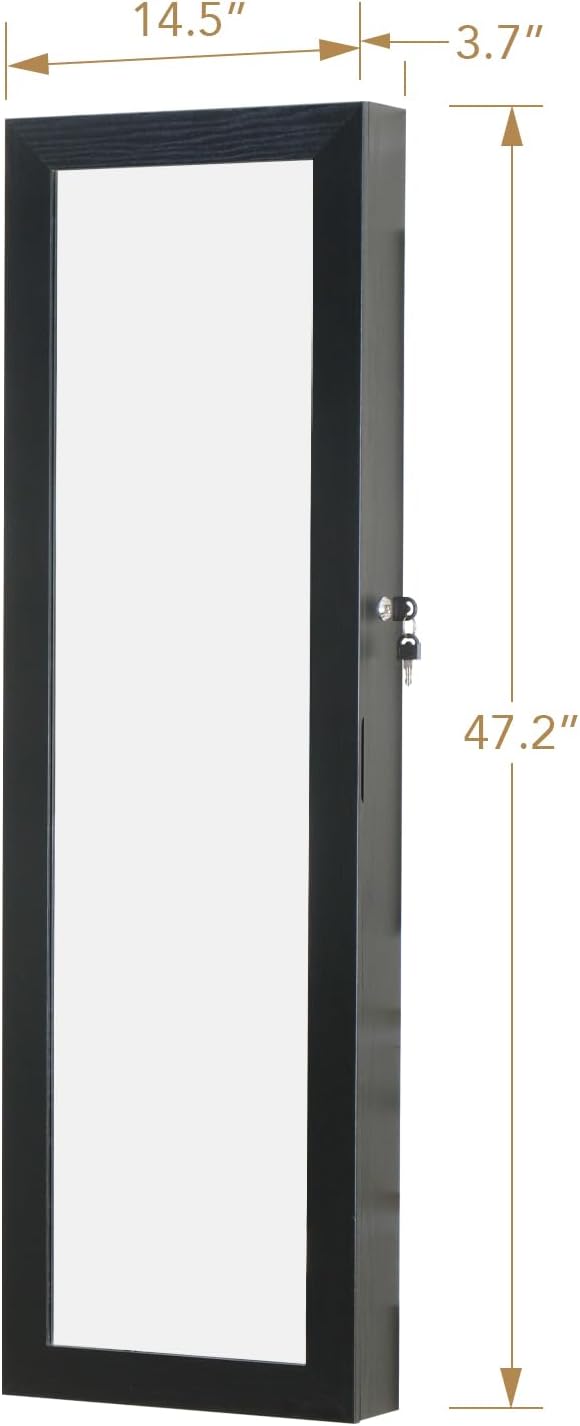 8 LED Lights Jewelry Armoire with Mirror with Storage And 2 Drawers | 47.3” H Mirror Jewelry Cabinet Door Hanging/Wall Mounted Mirror Black