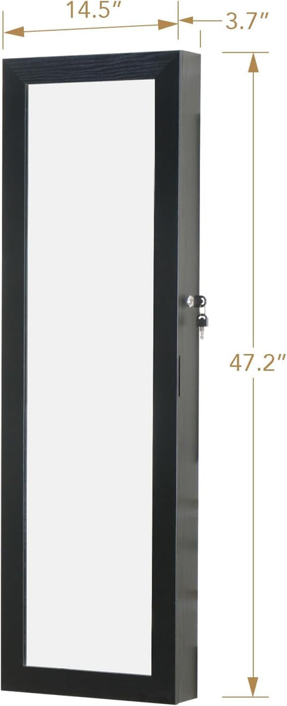 8 LED Lights Jewelry Armoire with Mirror with Storage And 2 Drawers | 47.3” H Mirror Jewelry Cabinet Door Hanging/Wall Mounted Mirror Black