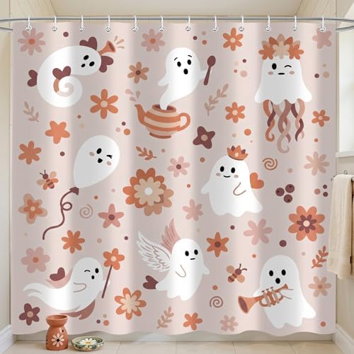 Cute Ghost Shower Curtain, 72 x 72 Inch Waterproof Polyester Bathroom Curtain with 12 Plastic Hooks, Pink Floral Halloween Bath Curtain for Tub Shower Decor