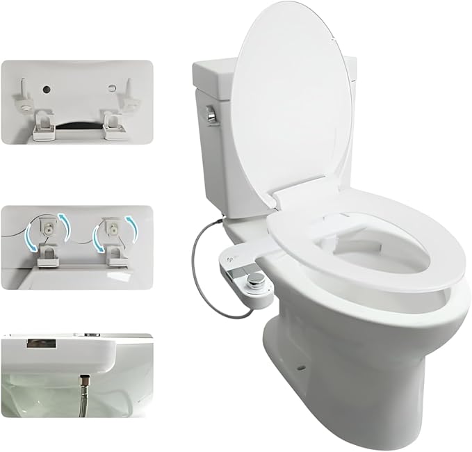 Bidet Attachment for Toilet, Non-Electric Cold Water Bidet with Dual Nozzles (Rear & Feminine Wash), Self-Cleaning Nozzle Rinse, Adjustable Water Pressure Control, Easy Install Kit, Fits Most Toilets