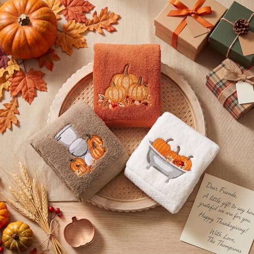 FuWeave 3 Pcs Brown Orange Fall Pumpkin Hand Towels for Bathroom