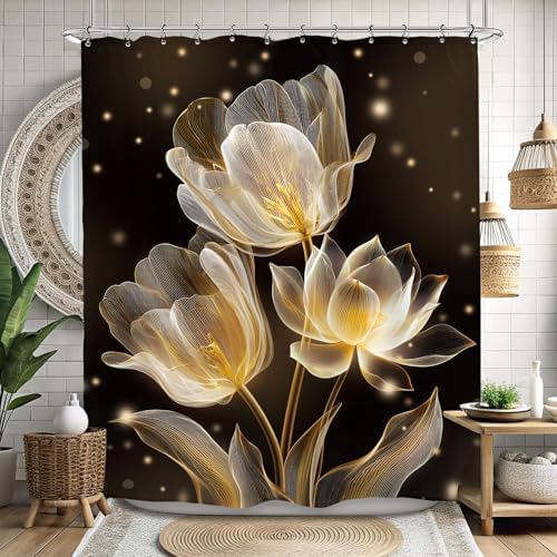 Lotus Tulip Black Gold Shower Curtain 60Wx72L Inch Flower Botanical Blossom Plant Beautiful Bathroom Set Accessories Decor with 12 Pack Hooks