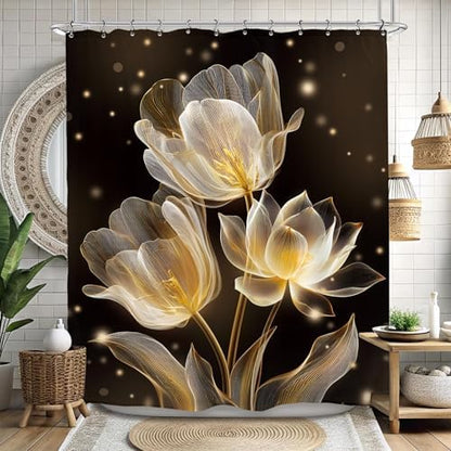 Lotus Tulip Black Gold Shower Curtain 60Wx72L Inch Flower Botanical Blossom Plant Beautiful Bathroom Set Accessories Decor with 12 Pack Hooks