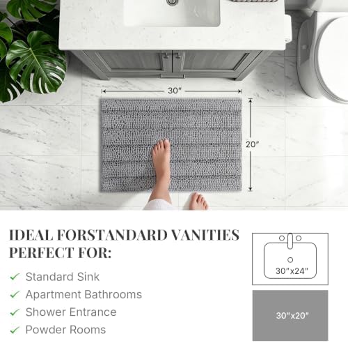Bcoimo Bath Rug Mat,30x20 Chenille Non Slip Gray Bathroom Floor Shower Mats