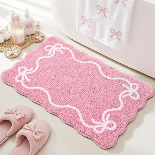 Mocsicka Pink Bow Bath Mat Cute Bow Bathroom Rug Super Soft Absorbent Bathroom Rugs Non Slip Bath Mat Machine Washable Rug for Bathrooms 20x32 inches (Pink, 50x80cm)