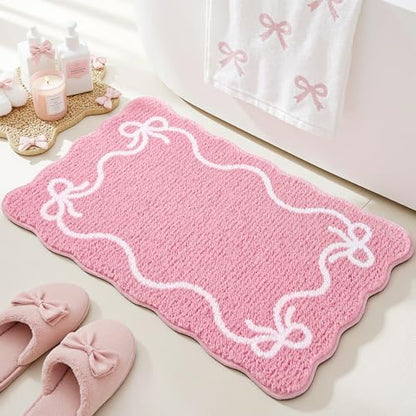 Mocsicka Pink Bow Bath Mat Cute Bow Bathroom Rug Super Soft Absorbent Bathroom Rugs Non Slip Bath Mat Machine Washable Rug for Bathrooms 20x32 inches (Pink, 50x80cm)