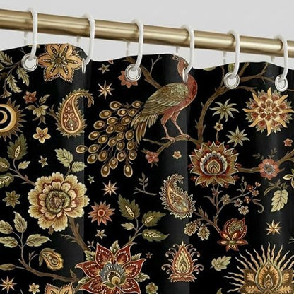Boho Chic Black Floral Shower Curtain, Vintage Rustic Antique Victorian Peacock Paisley Farmhouse Shower Curtain Set, Witchy Aesthetic Retro Bath Curtains Bathroom Accessories with Hooks, 72 x 72