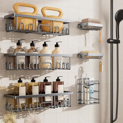 Veken Shower Caddy 6-Pack, No Drilling & Rustproof, Waterproof Adhesive Shelves Rack with Soap Holder, Large Capacity Bathroom Organizers and Storage, Wall-Mounted Kitchen & Home Decor, Silver Gray