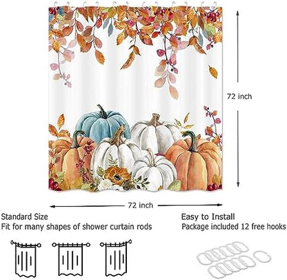 Fall Pumpkin Shower Curtain, Thanksgiving Autumn Maple Leaves Watercolor Floral Harvest Boho Bathroom Curtains with Hooks for Bathroom Bathtubs Decor, Waterproof Polyester Fabric 72x72
