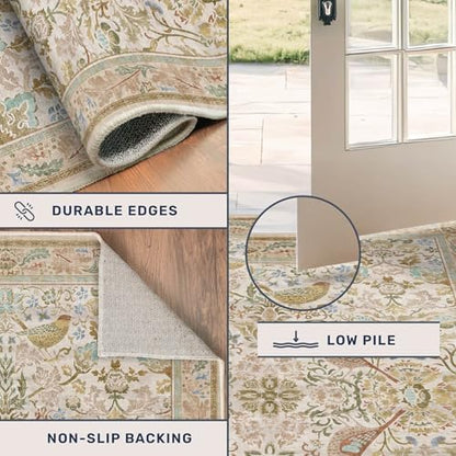 Beige Boho Bathroom Rugs 2x3 Washable Non Slip - Soft Low Pile Small Throw Rug for Entryway, Kitchen, Powder Room - Unique Farmhouse Bird & Pattern Botanical Decorative Door Mats
