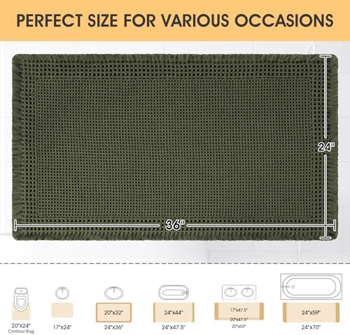 Waffle Bath Mat, Boho Woven Modern Bath Rug Absorbent Non Slip, Ultra Soft Bathroom Mats, Machine Washable Knit Bath Rugs with Border for Bathroom, Bedroom, Kitchen, Shower, Tub, 36"x24", Dark Green