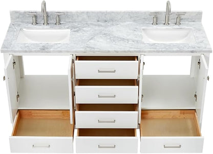 ARIEL Cambridge 66-inch Bathroom Vanity with Sink,Solid Wood, 0.75-inch Italian Carrara Marble Countertop, Double Rectangular Porcelain Sink, 4 Soft Closing Doors, 6 Dovetail Drawers, White